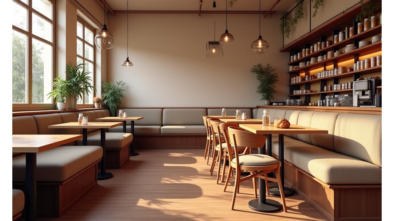 Cozy and inviting cafe seating area inside Flourish & Crumb bakery, with comfortable chairs, small tables, and natural light.