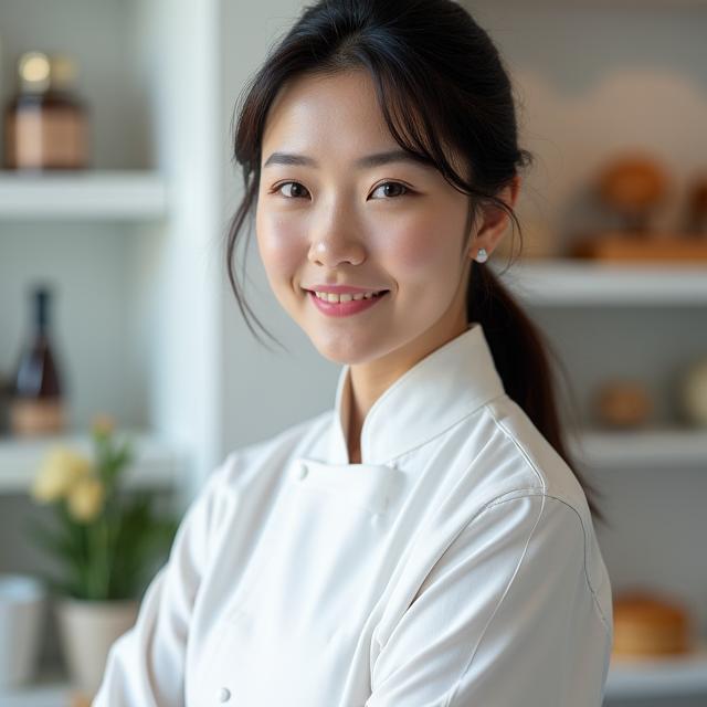 Portrait of Sophia Lee, Patisserie Specialist, delicately decorating a tray of miniature tarts.
