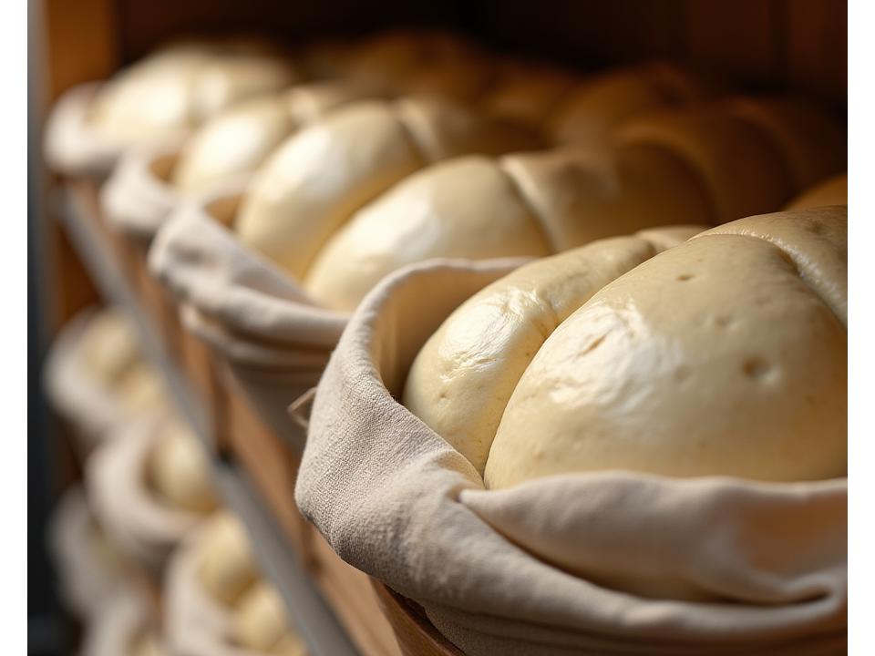 Loaves of bread dough proofing in bannetons, covered with linen