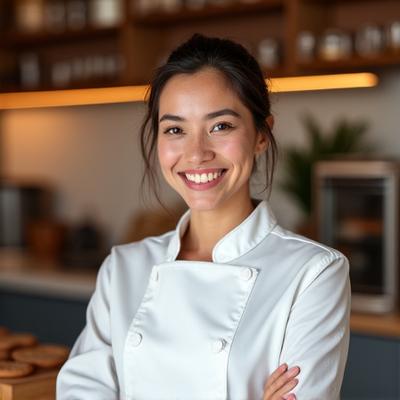 Portrait of Chef Emily Lawson, a warm and inviting professional baker, smiling in a modern kitchen setting.