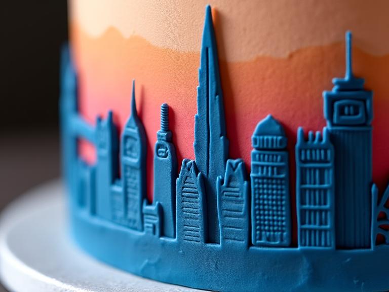 Close-up detail shot of the edible London skyline on the corporate cake.