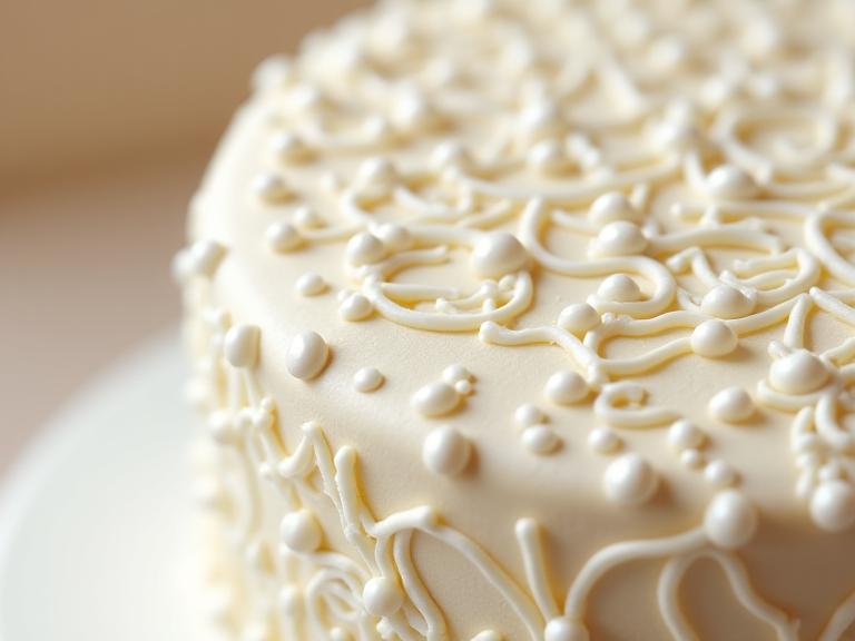 Close-up detail of the hand-piped lace and edible pearls on the vintage tea cake.