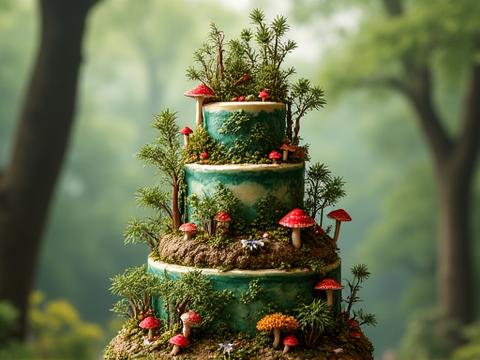 A multi-tiered cake decorated like an enchanted forest with edible trees and mushrooms.