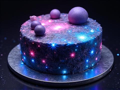 A space-themed birthday cake with galaxy swirls and edible planets and stars.