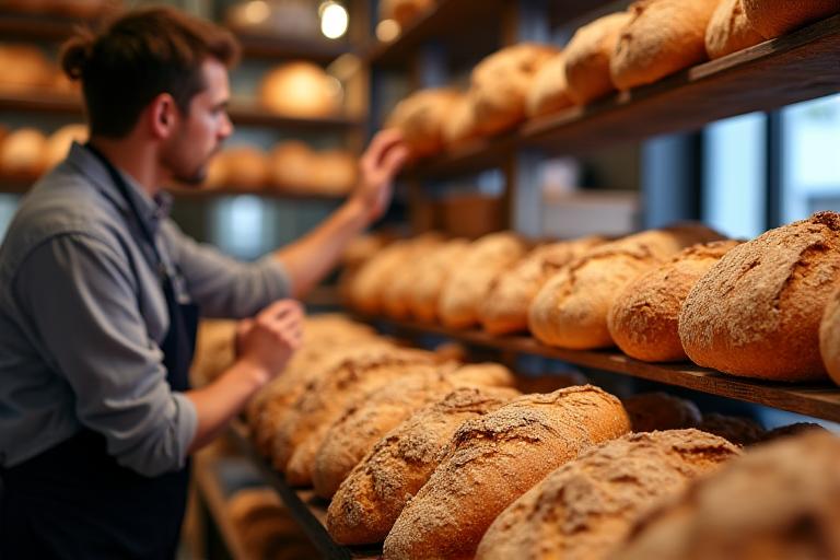 Customer selecting fresh bread at a bakery counter