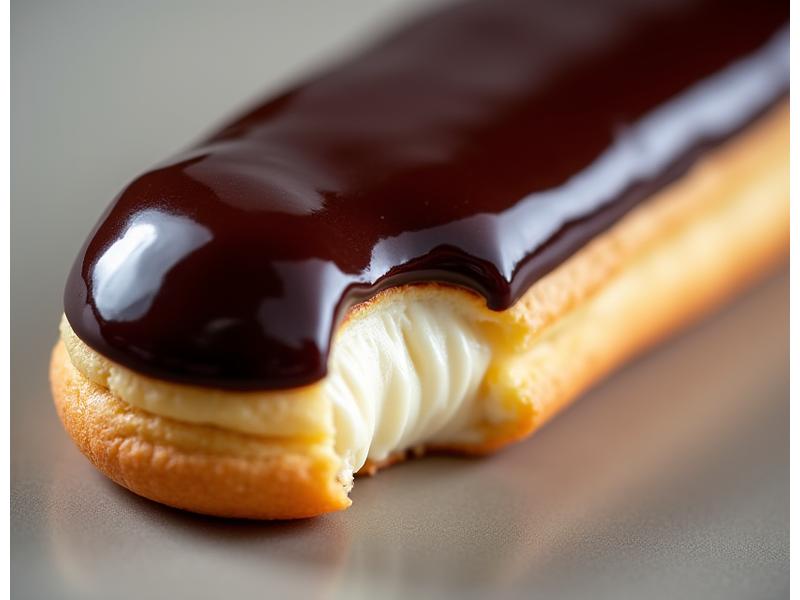 Perfectly glazed classic French eclair with whipped cream