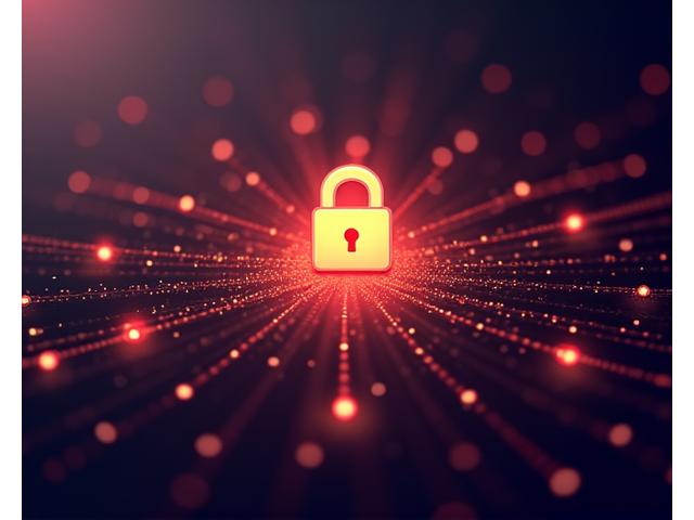 Illustration of secure data privacy, padlock over abstract data flowing, in warm, sophisticated bakery tones